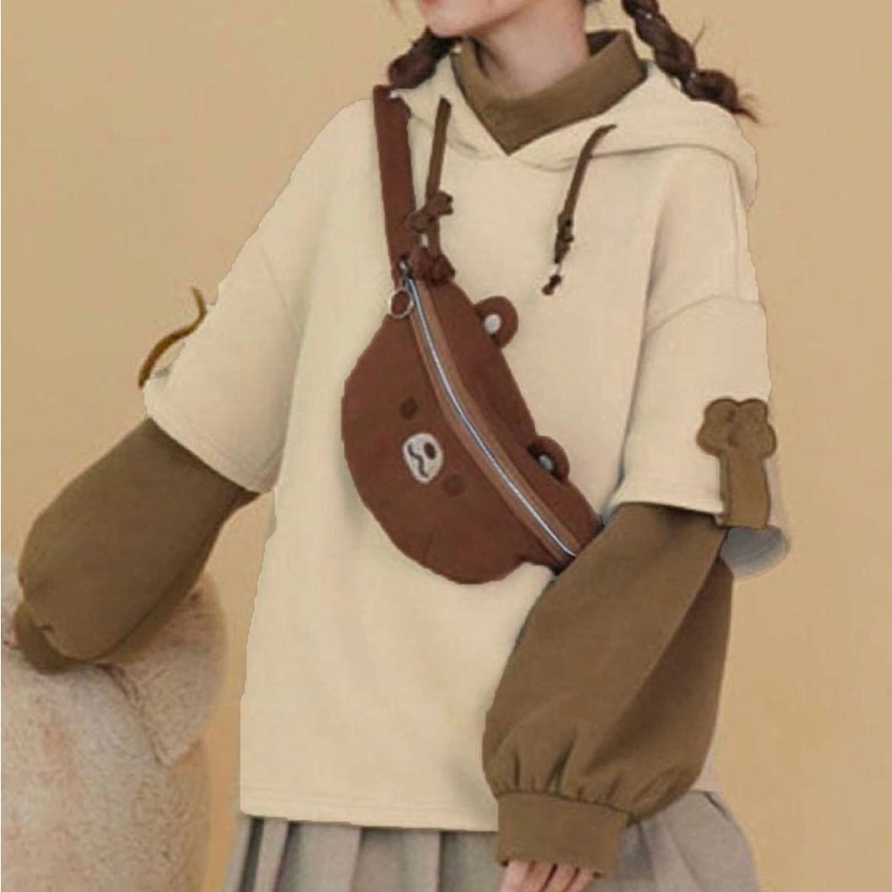 Women Bear Hoodie Long Sleeve Harajuku Anime Hoodie W Removable Teddy Bear Pack